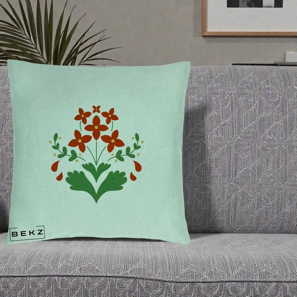 Perna Decorativa Buchet Floral Folk Rosu-Verde, 40x40 cm, Verde Menta, Husa Detasabila, Perna Inclusa, BEKZ®
