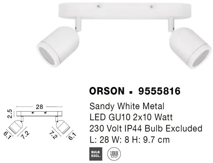 Plafoniera cu 2 Spoturi pentru baie cu protectie IP44 ORSON alba