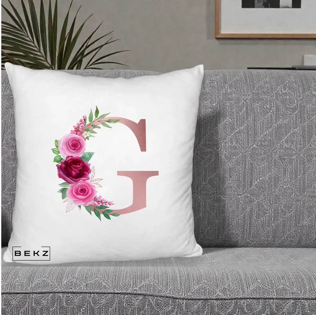 Cadou Personalizat - Perna Personalizata Monograma Rose Gold Litera G, 40x40 cm, Alb Pufos, Husa Detasabila, Perna Inclusa, BEKZ®