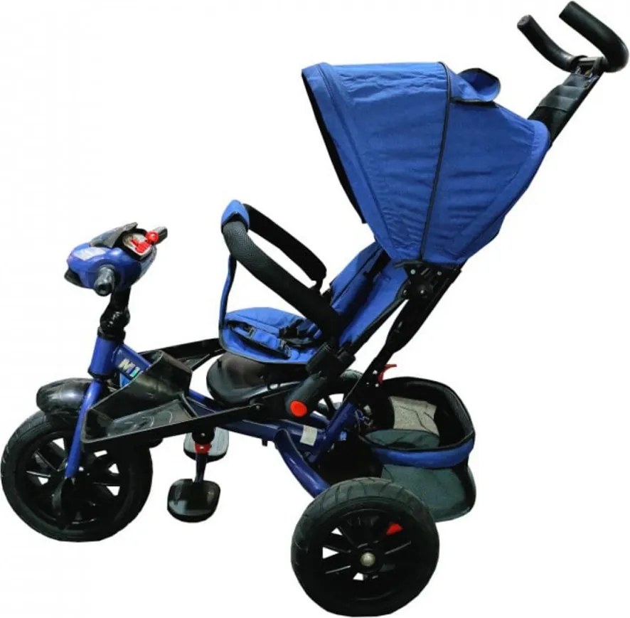 Tricicleta cu copertina NOVOKIDS Super Trike, Cu melodii si lumini, Roti din cauciuc, Pozitie somn, Scaun reversibil cu rotatie 360 grade, Albastru