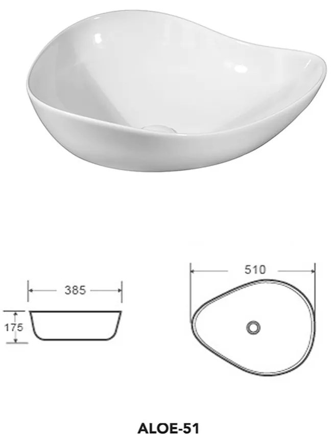 Lavoar pe blat alb lucios, asimetric, 51 cm, Fluminia Aloe 510x400 mm