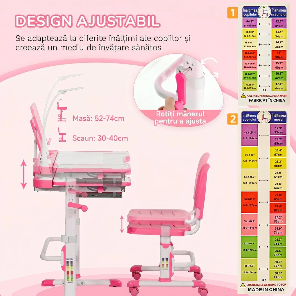 HOMCOM Birou pentru Copii cu Scaun Reglabil, Masă cu Sertar, Lampă și Suprafață Înclinabilă, 80x49,5x82-104 cm, Roz | Aosom Romania