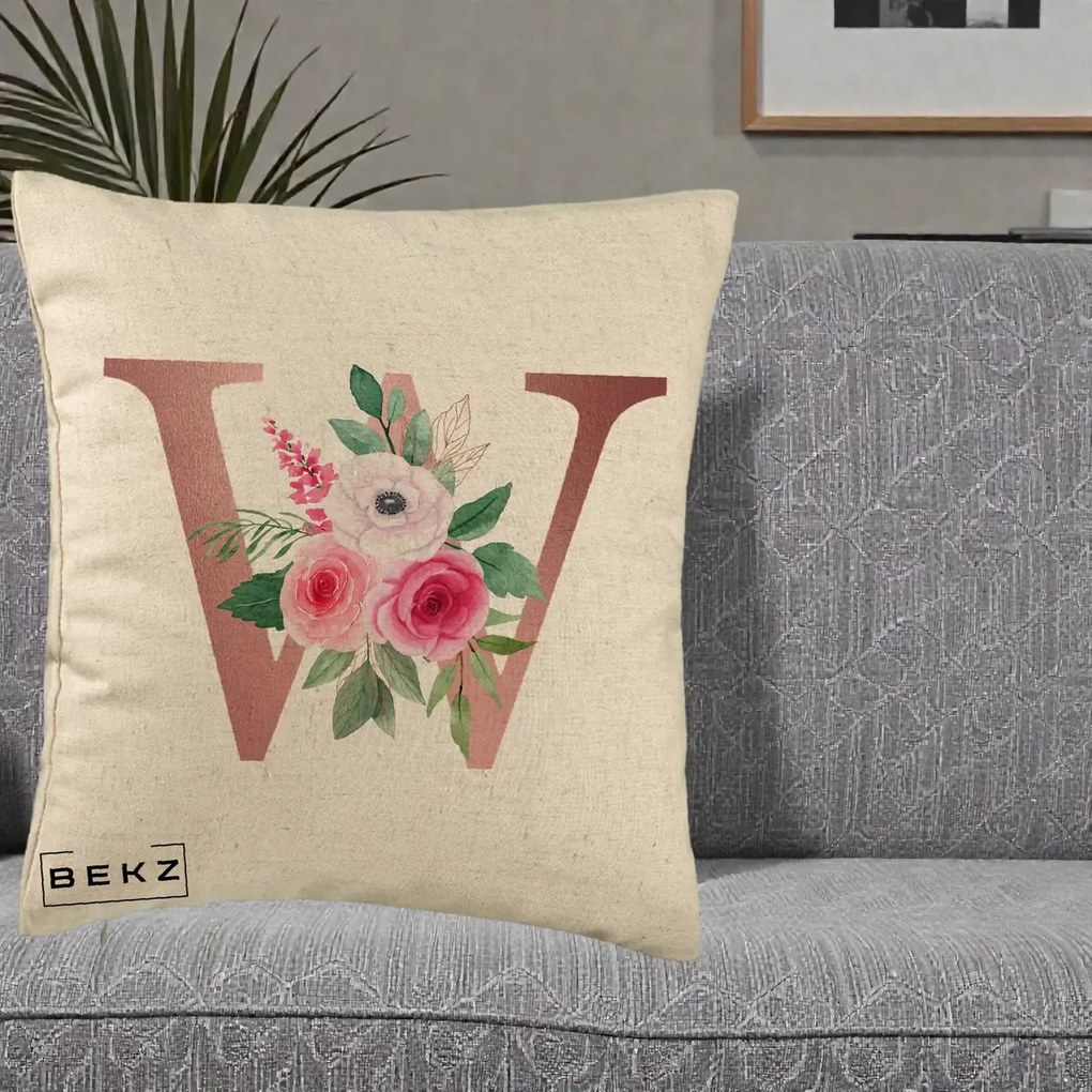 Cadou Personalizat - Perna Personalizata Monograma Rose Gold Litera W cu Trandafiri si Anemona, 40x40 cm, Bej, Husa Detasabila, Perna Inclusa, BEKZ®