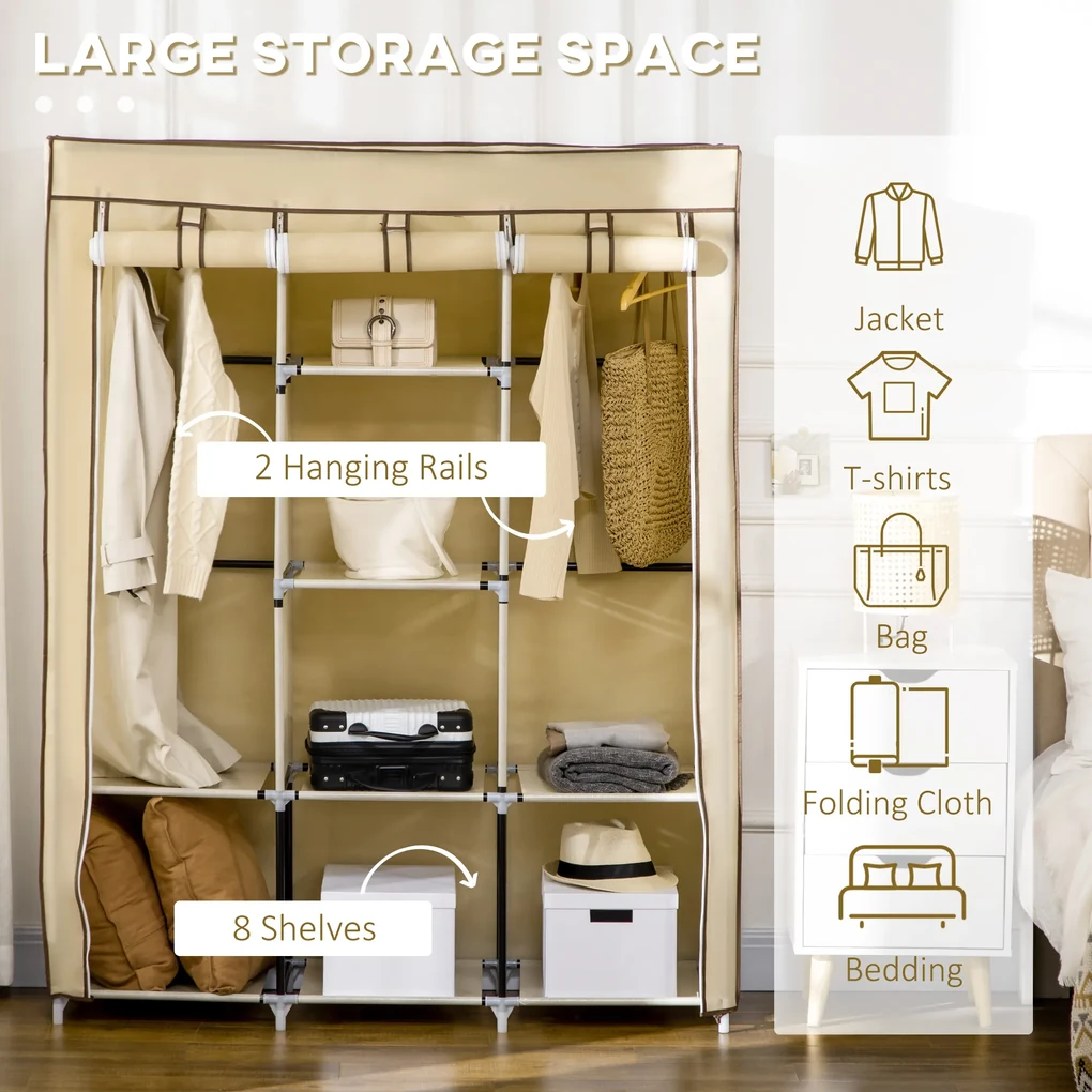 HOMCOM Dulap Portabil din Stofă cu 8 Rafturi și 2 Bare, Organizator Haine cu Ușă Rulantă, 125x43x162.5 cm, Bej | Aosom Romania