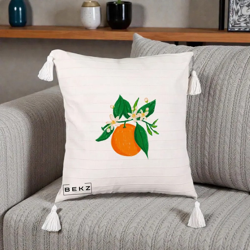 Perna Decorativa Portocala in Floare, 40x40 cm, Bej cu Franjuri, Husa Detasabila, Perna Inclusa, BEKZ®