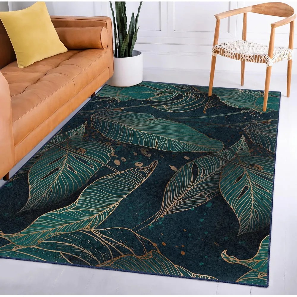 Covor tip traversă culoare petrol lavabil 80x200 cm Midnight Jungle – Mila Home