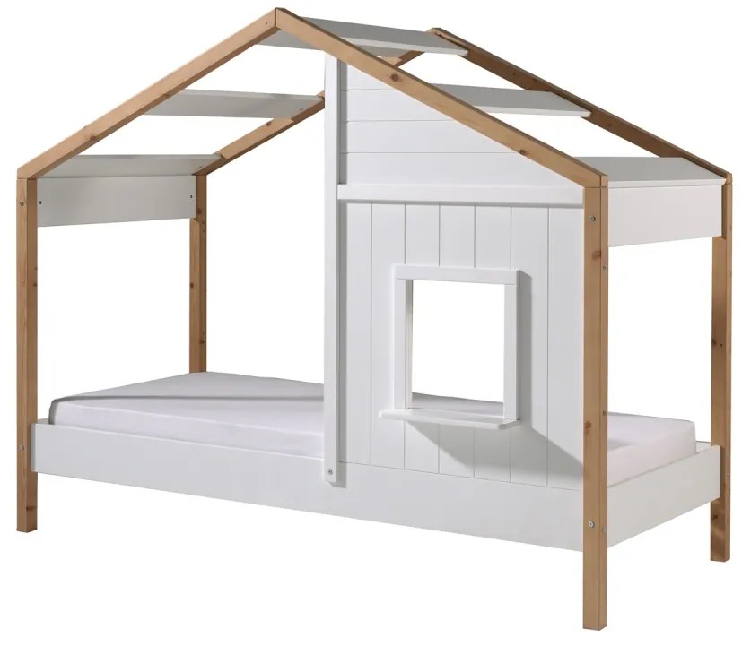 Set Pat Căsuță și Sertar pentru Pat pentru Copii, 2 Piese, 90x200 cm, Alb/Natural (Pin Masiv și MDF) – Babs – Vipack