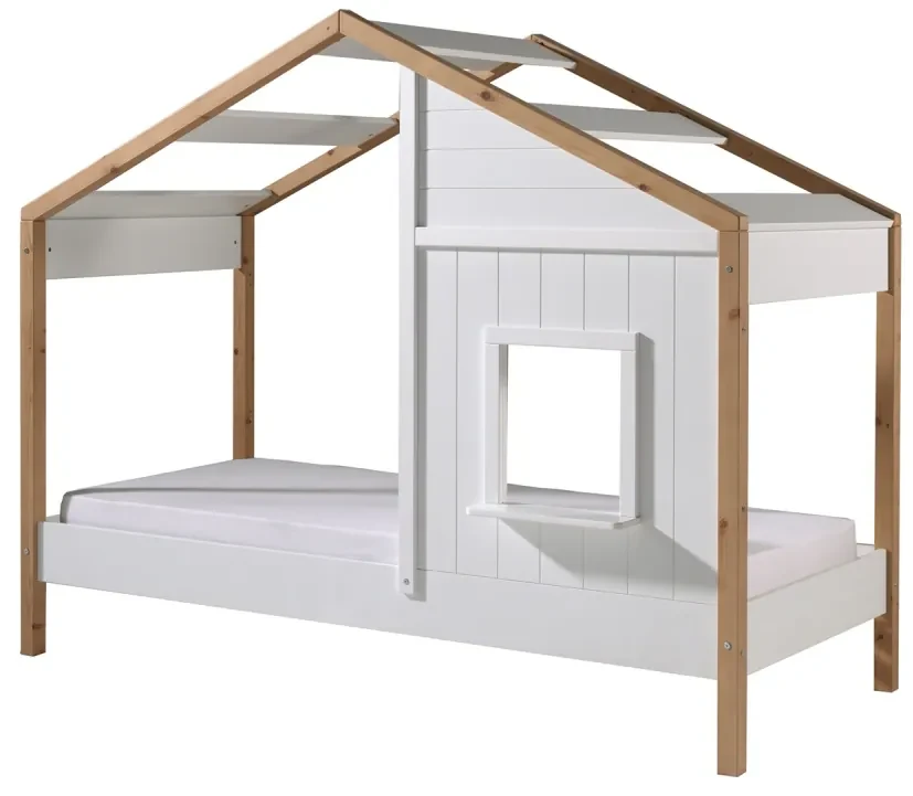 Set Pat Căsuță și Sertar pentru Pat pentru Copii, 2 Piese, 90x200 cm, Alb/Natural (Pin Masiv și MDF) – Babs – Vipack