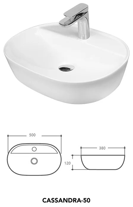 Lavoar pe blat Fluminia, Cassandra 50, oval, 50 x 38 cm, alb