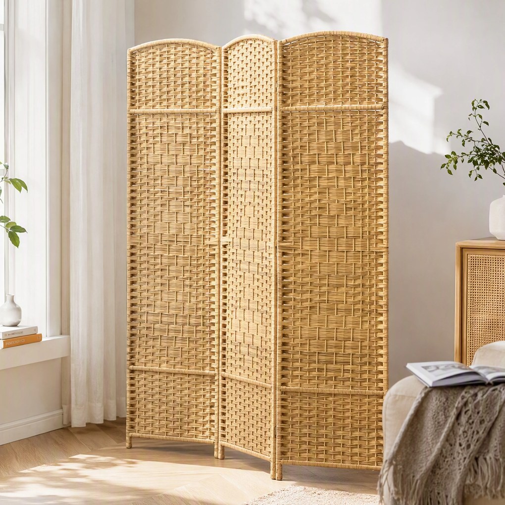 HOMCOM Paravan Interior Pliabil cu 3 Panouri Împletit din PP și Lemn de Pin, 135x1,7x180 cm, Lemn Natural | Aosom Romania