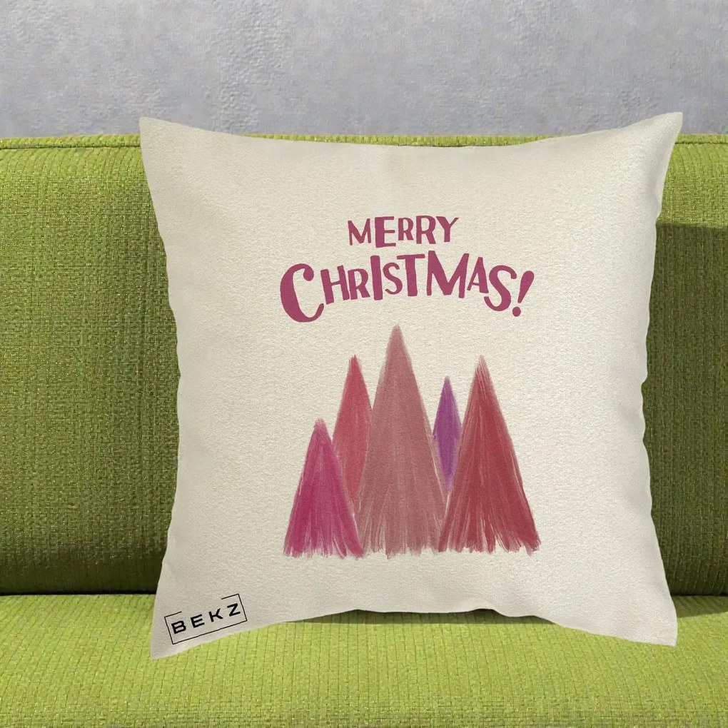 Perna Decorativa Merry Christmas Brazi Roz, 40x40 cm, Ecru, Husa Detasabila, Perna Inclusa, BEKZ®
