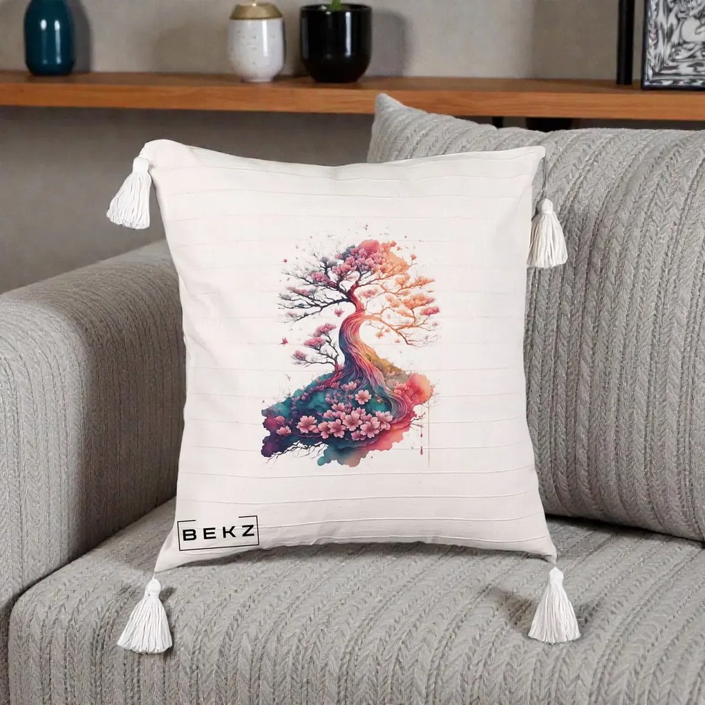 Perna Decorativa Copac Sakura Acuarela Fantasy, 40x40 cm, Bej cu Franjuri, Husa Detasabila, Perna Inclusa, BEKZ®
