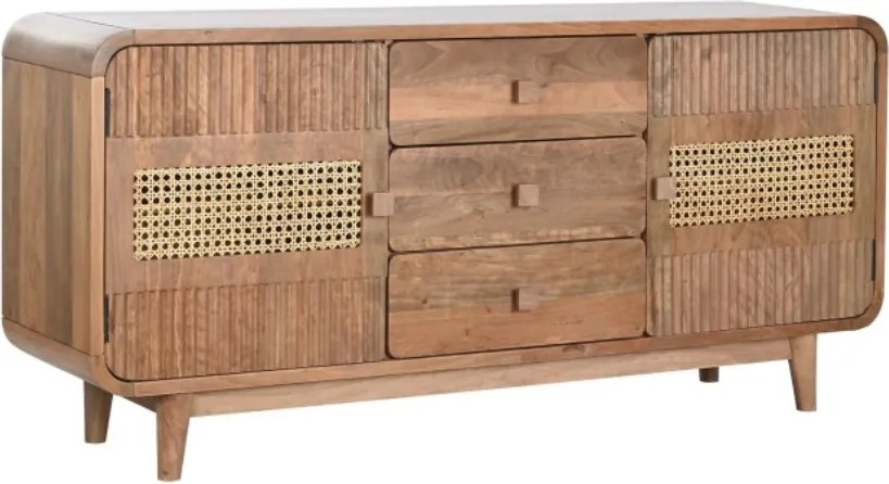 Comodă cu 3 sertare și 2 uși, din lemn de jamun, natur, cu riflaj, ratan împletit și picioare înclinate, 75 x 160 x 38 cm, „Sorrel”