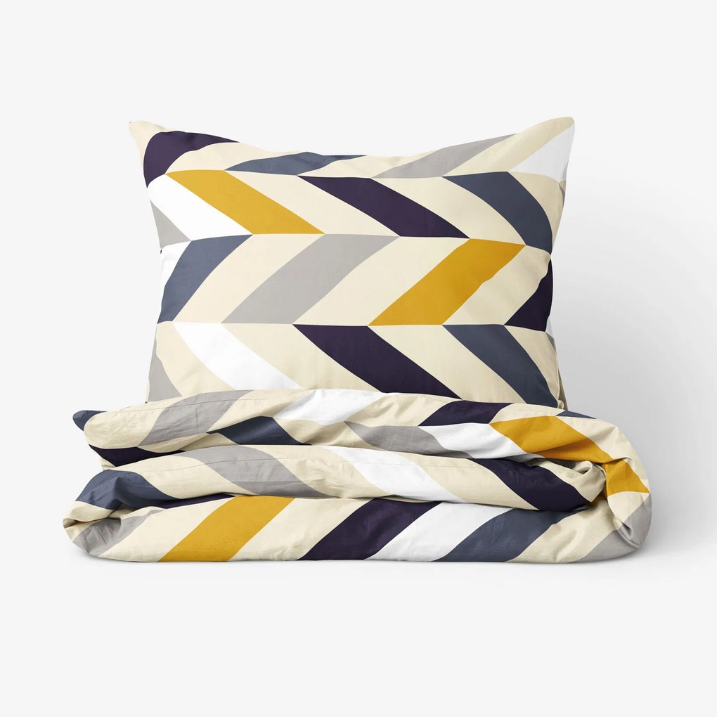 Goldea lenjerie de pat din 100% bumbac - dungi zig-zag în culoare muștar și gri 140 x 200 și 50 x 70 cm