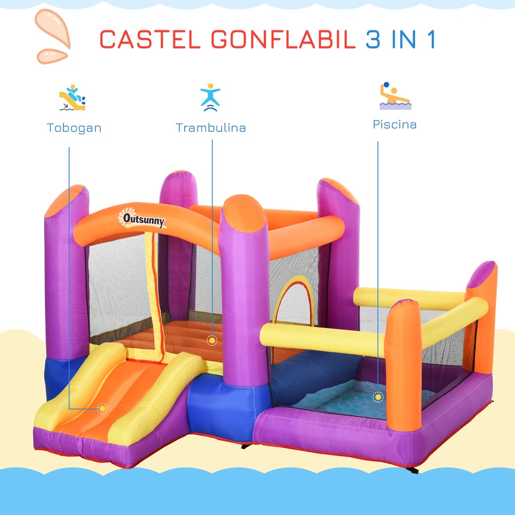 Castel Gonflabil pentru Copii Outsunny cu Trambulina si Piscina, Multicolor, 300x280x170cm | Aosom Romania