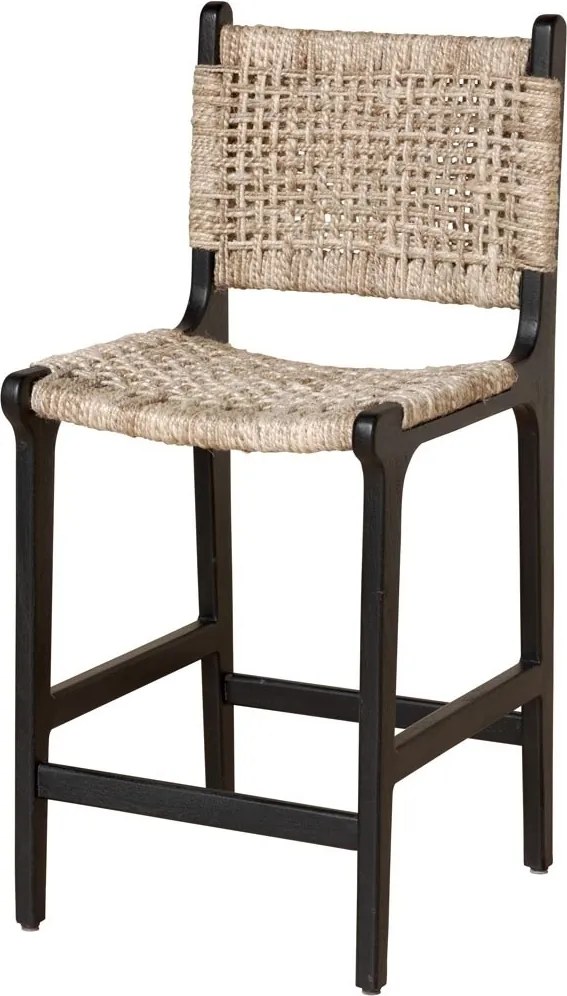 Scaun de bar împletit cu spătar din lemn de acacia și lână, negru, cu traverse pe două niveluri, 100,5 x 45 x 51,5 cm, „Ovira”