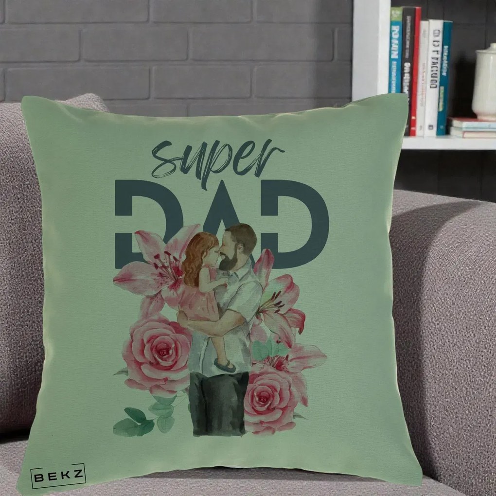 Cadou pentru Tata - Perna Personalizata Super Dad Tata cu Fetita si Flori, 40x40 cm, Verde, Husa Detasabila, Perna Inclusa, BEKZ®
