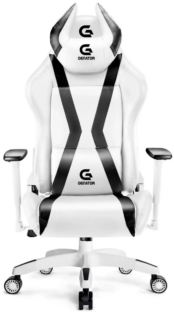 Scaun gaming, ergonomic, masaj pernă lombară, brațe reglabile 2D, piele PU, roți silențioase, rezistent 150 KG, Alb/Negru