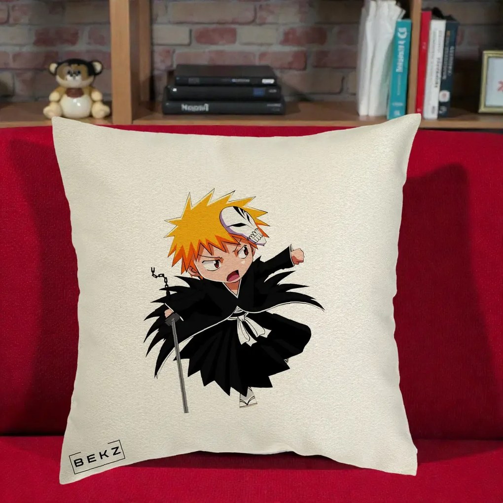 Perna Personalizata Bleach Ichigo Chibi cu Masca, 40x40 cm, Ecru, Husa Detasabila, Perna Inclusa, BEKZ®