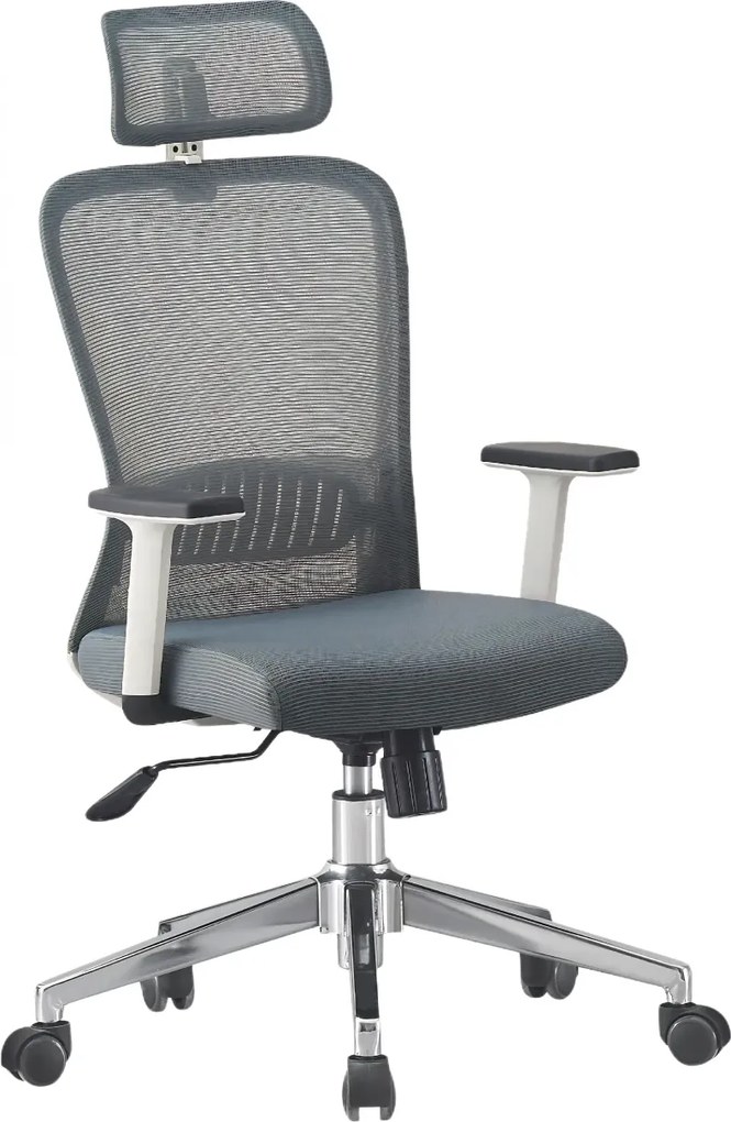 Scaun ergonomic, Spătar Mesh Respirabil, Suport Lombar Reglabil 2D, Tetiera Reglabila, Mecanism Balans Si Inclinare 90–125°, Reglare Pe Inaltime, Pivotant 360°, Baza Metalica Stabila, Roti Silentioase, Gri/Alb