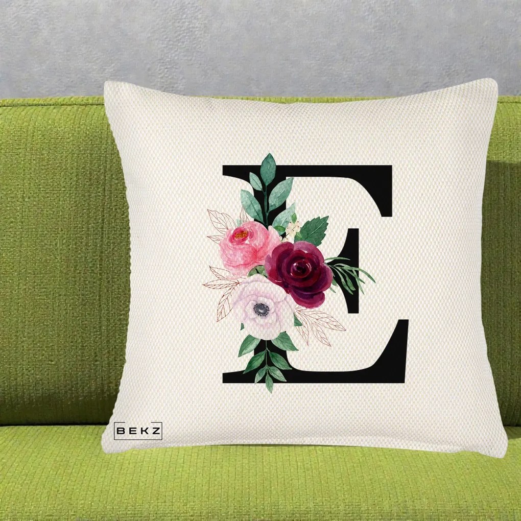 Cadou Personalizat - Perna Personalizata Monograma Florala Litera E, 40x40 cm, Crem Reliefat, Husa Detasabila, Perna Inclusa, BEKZ®