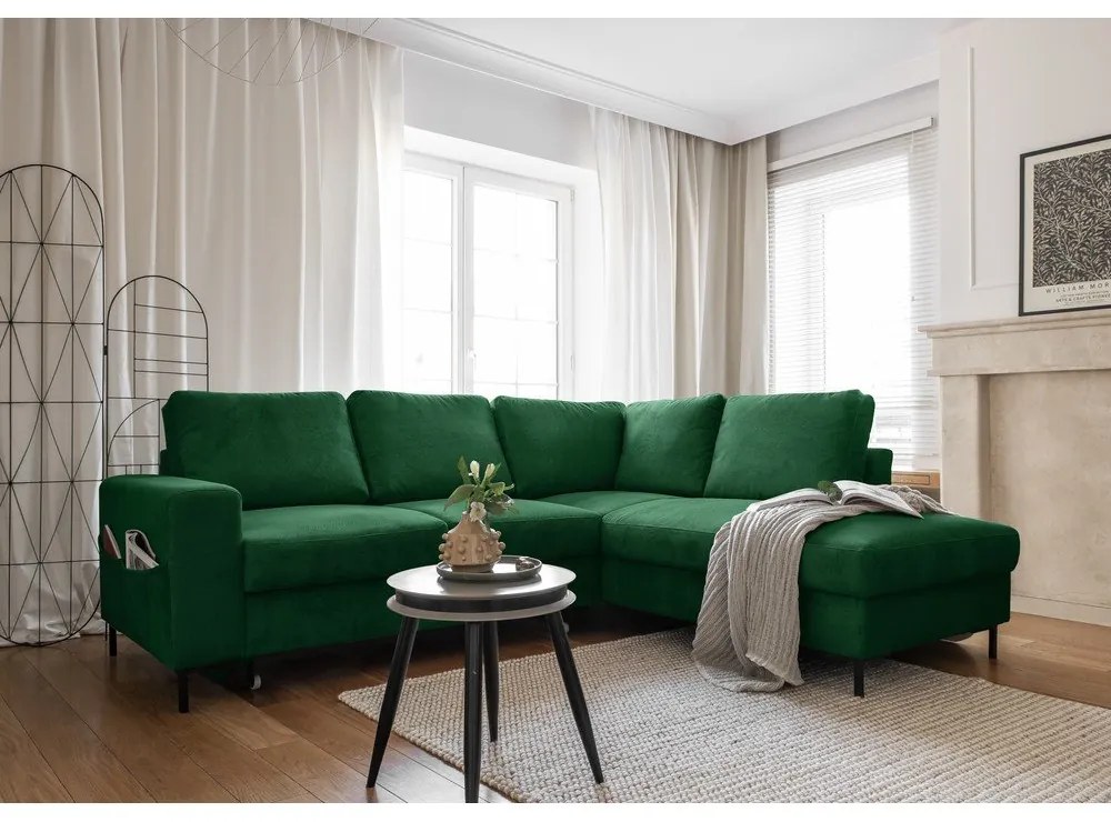 Colțar verde închis extensibil cu tapițerie din catifea reiată (cu colț pe partea dreaptă) Lofty Lilly – Miuform