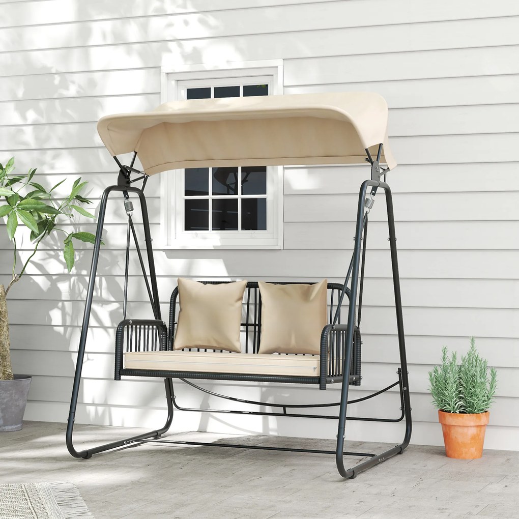 Outsunny Hollywoodschaukel din ratan pentru 2 persoane, cu acoperiș reglabil, perne, cu o capacitate de încărcare de până la 240 kg, 149 x 121 x 180 cm, kaki | Aosom Romania