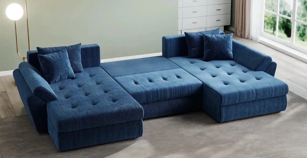 Colțar extensibil dumonde cu ladă de depozitare si sezut confortabil din spuma high-density, Loana U Zoom Blue 355x185 cm