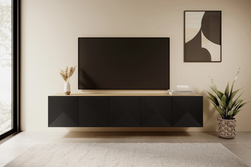 Comodă TV suspendatăă cu front striat Asha 200 cm - artisan / negru mat