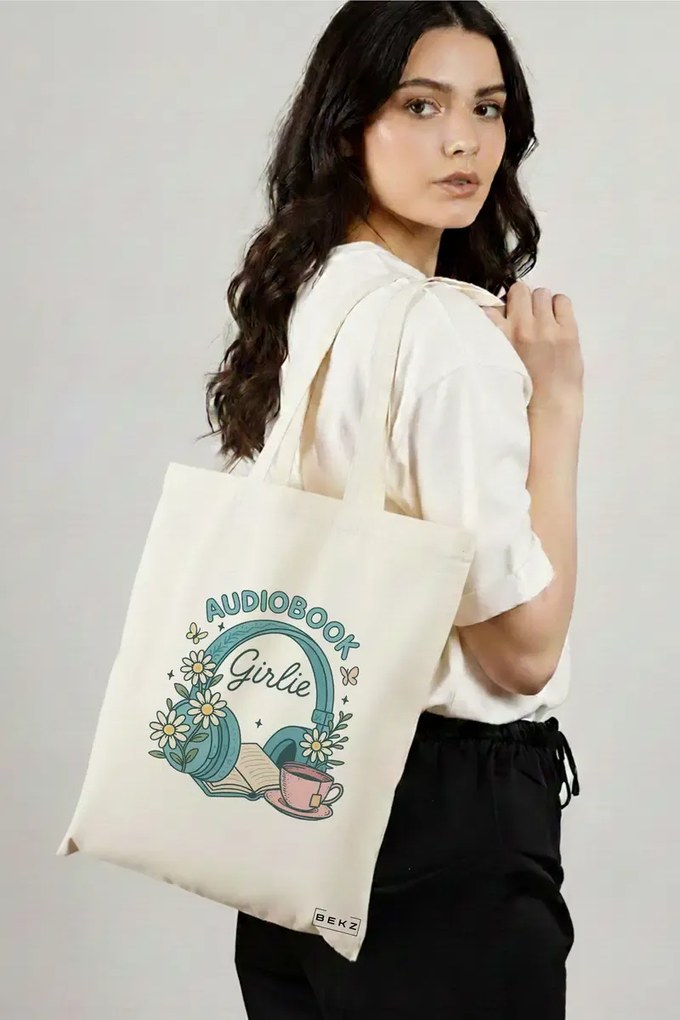 Sacosa de Panza pentru Cumparaturi, Geanta Tote, model Audiobook Lover, 38 x 34.5 cm, Alba, BEKZ®