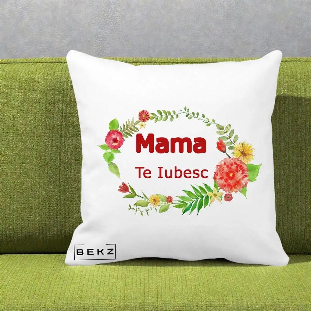Cadou pentru Mama - Perna Personalizata Mama Te Iubesc Flori Rosii, 40x40 cm, Alba Mata, Husa Detasabila, Perna Inclusa, BEKZ®