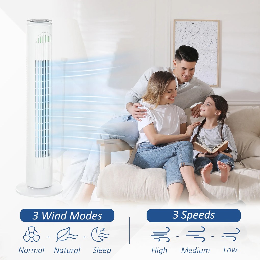 HOMCOM Ventilator Turn cu 3 Moduri și 3 Viteze cu Cronometru 10h, Ventilator de Podea ABS cu Telecomandă, Ø22x77 cm, Alb | Aosom Romania