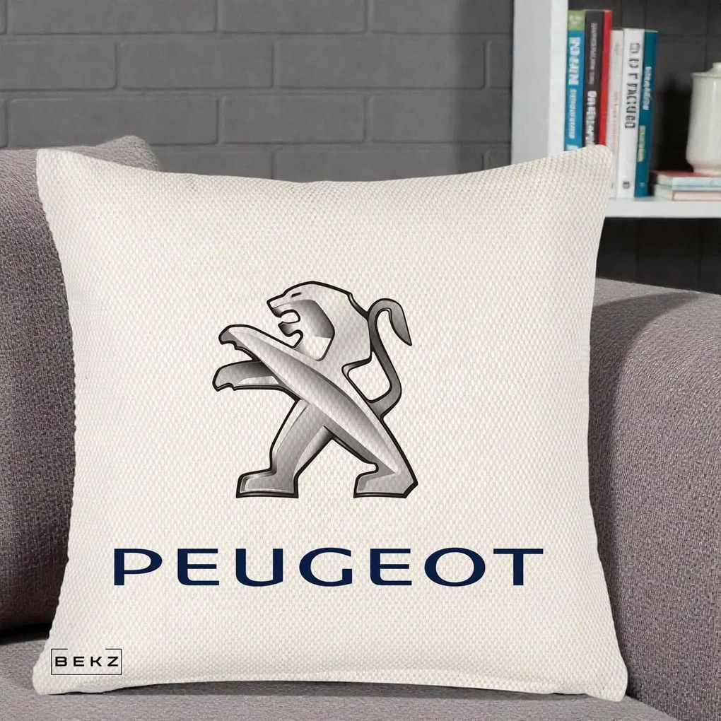 Perna Personalizata cu emblema Peugeot, 40x40 cm, Crem Reliefat, Husa Detasabila, Perna Inclusa, BEKZ®