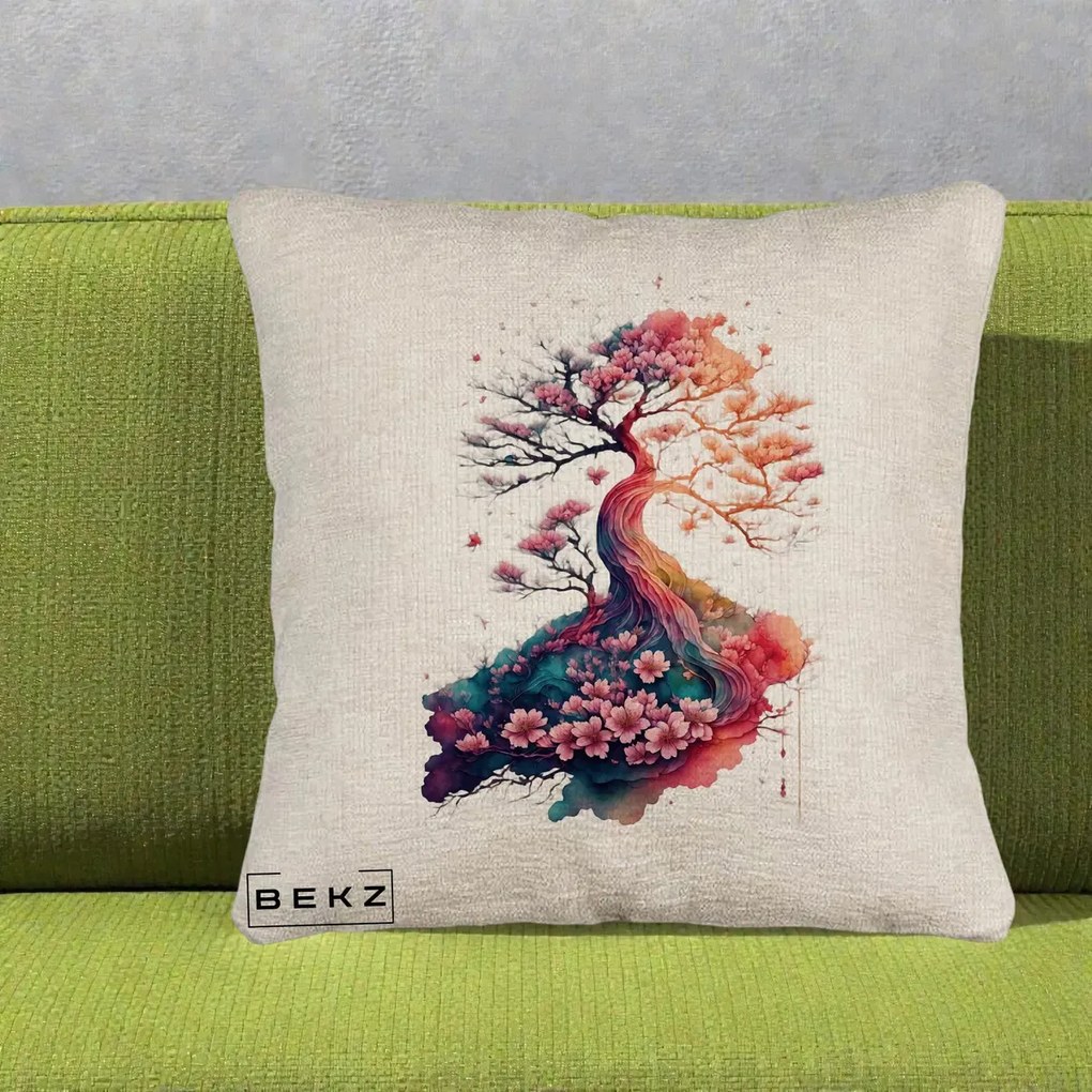Perna Decorativa Copac Sakura Acuarela Fantasy, 40x40 cm, Bej Canapea, Husa Detasabila, Perna Inclusa, BEKZ®