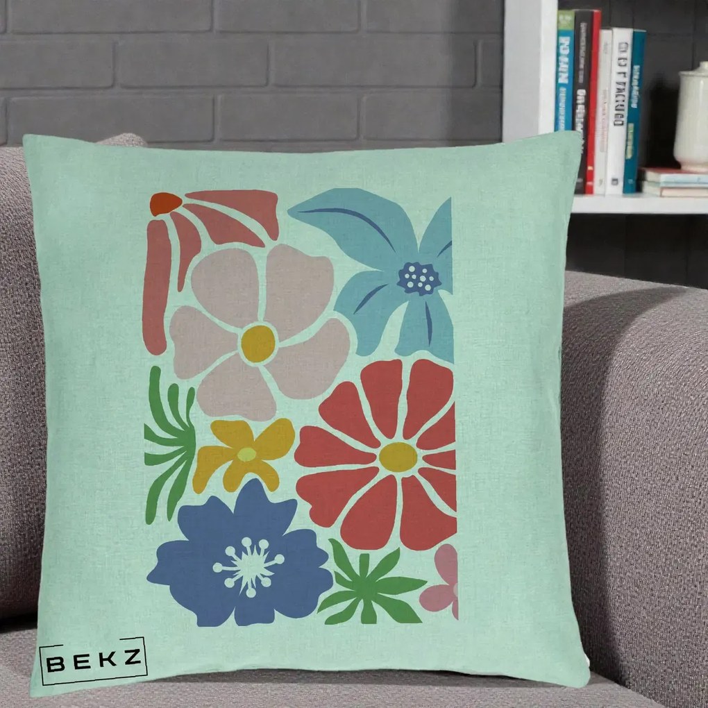 Perna Decorativa Flori Grafice Roz-Rosu-Albastru, 40x40 cm, Verde Menta, Husa Detasabila, Perna Inclusa, BEKZ®
