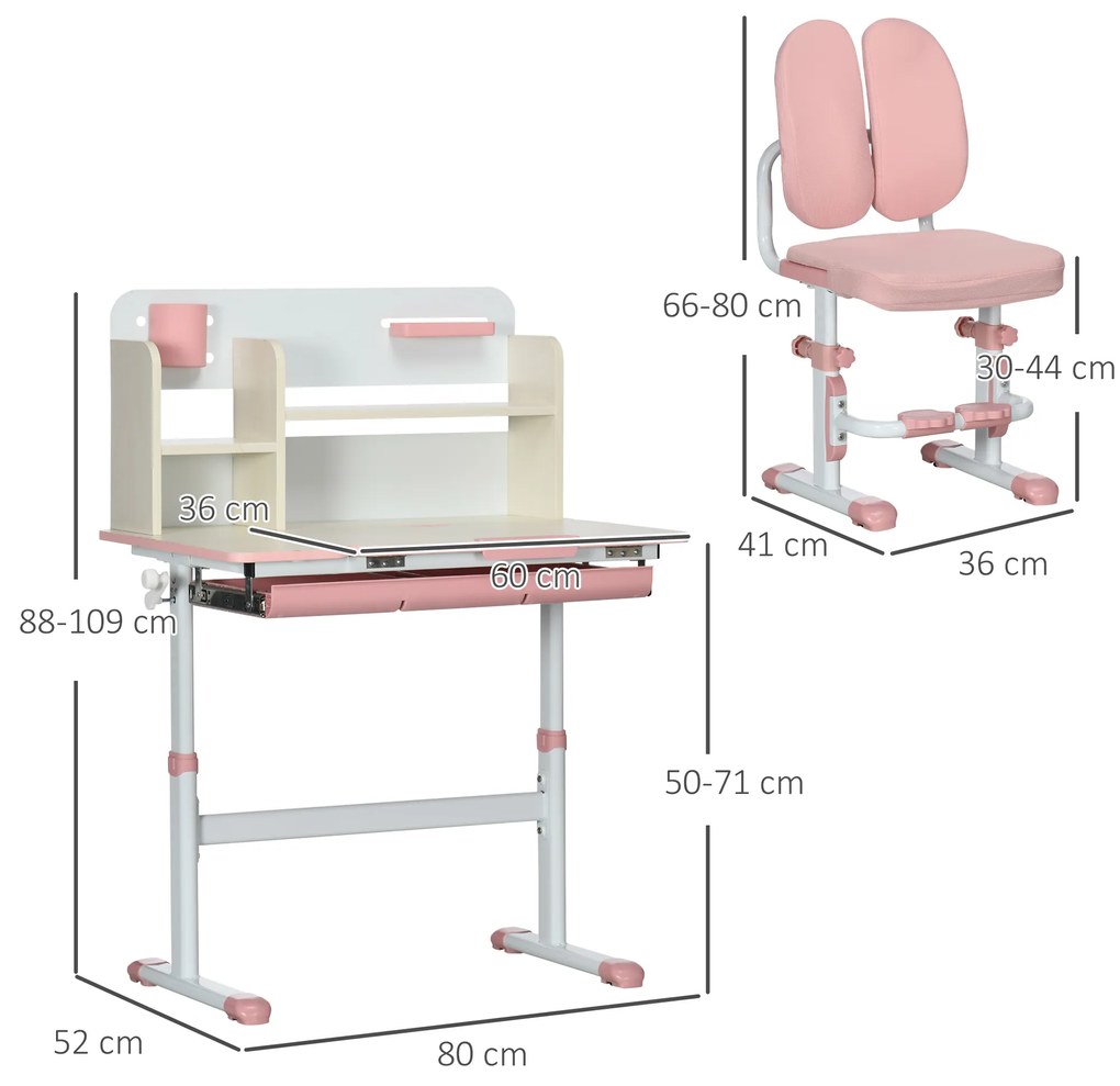 HOMCOM Set de Birou pentru Copii cu Înălțime Reglabilă, Masă de Studiu cu Raft și Spațiu de Depozitare, 80x52x88-109 cm, Roz | Aosom Romania