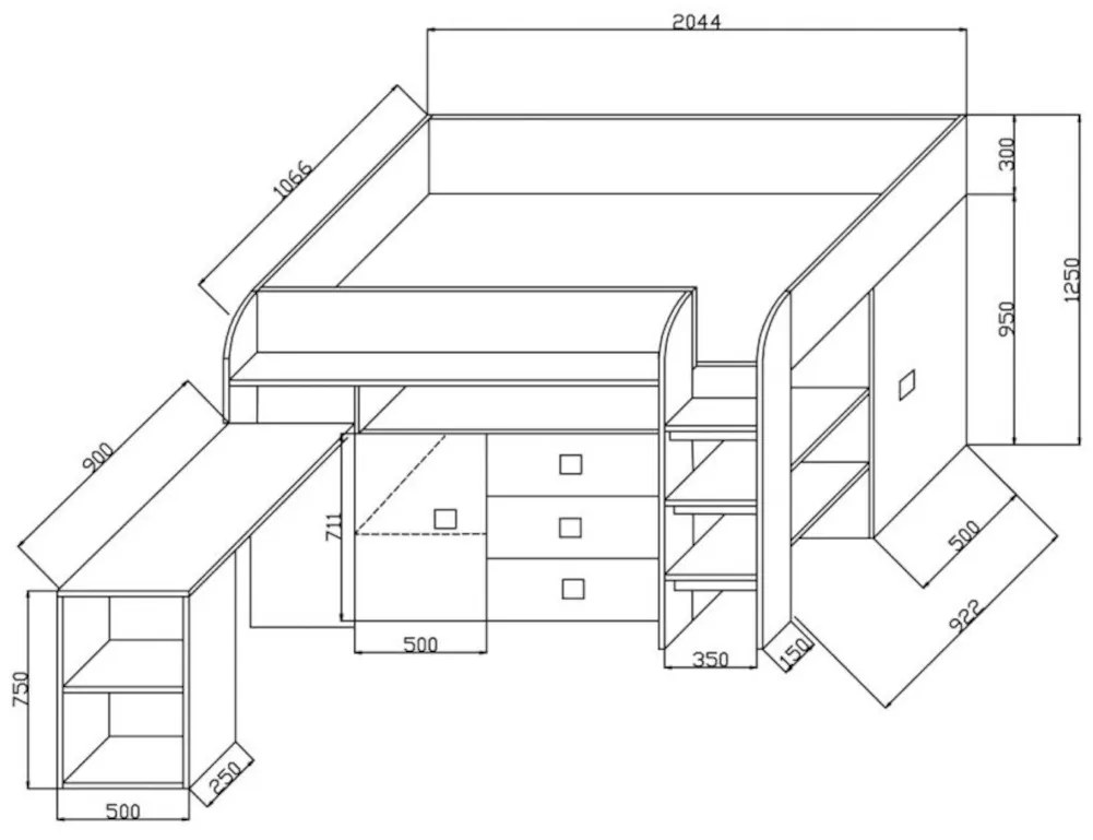 Supermobel Pat supraetajat pentru copii TOLEDO 1, 204,5x125x106,5, alb/albastru lucios