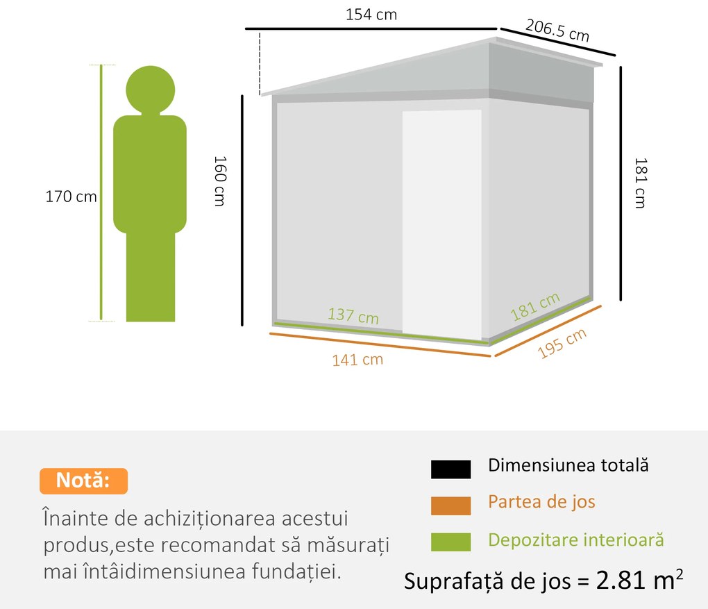 Outsunny Căsuță din Oțel pentru Grădină cu Bază, Magazie cu Ușă Glisantă, 154x206.5x160/181 cm, Alb | Aosom Romania