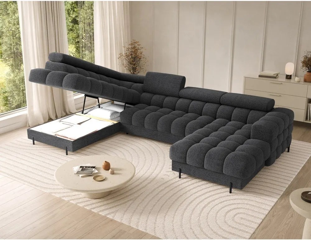 Colțar gri închis extensibil cu tapițerie din țesătură bouclé (cu colț pe partea stângă/în formă de "U") Feraria – ELTAP