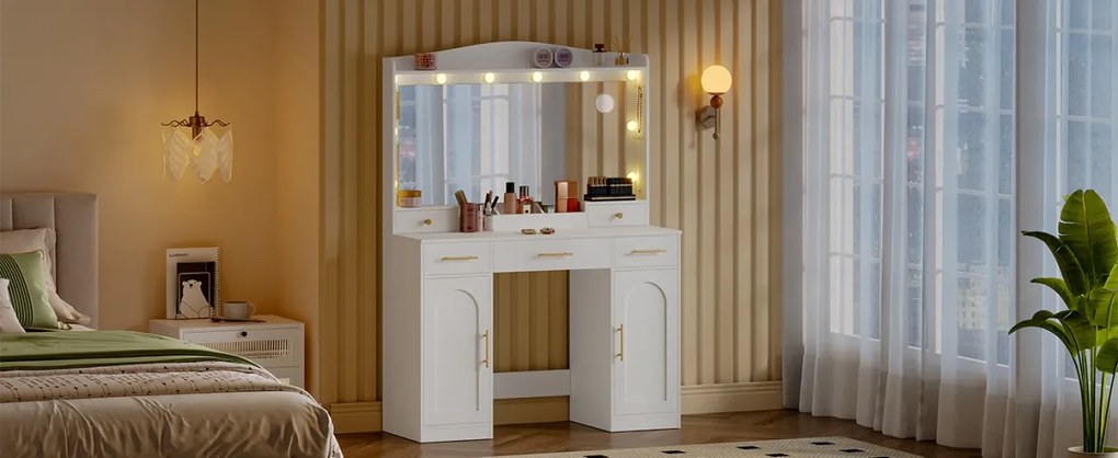 Masuta machiaj cu Oglinda LED si 5 Sertare pentru Cosmetice, Set Masa toaleta 108 cm, Alb, masuta cosmetica, vanity - SEA911