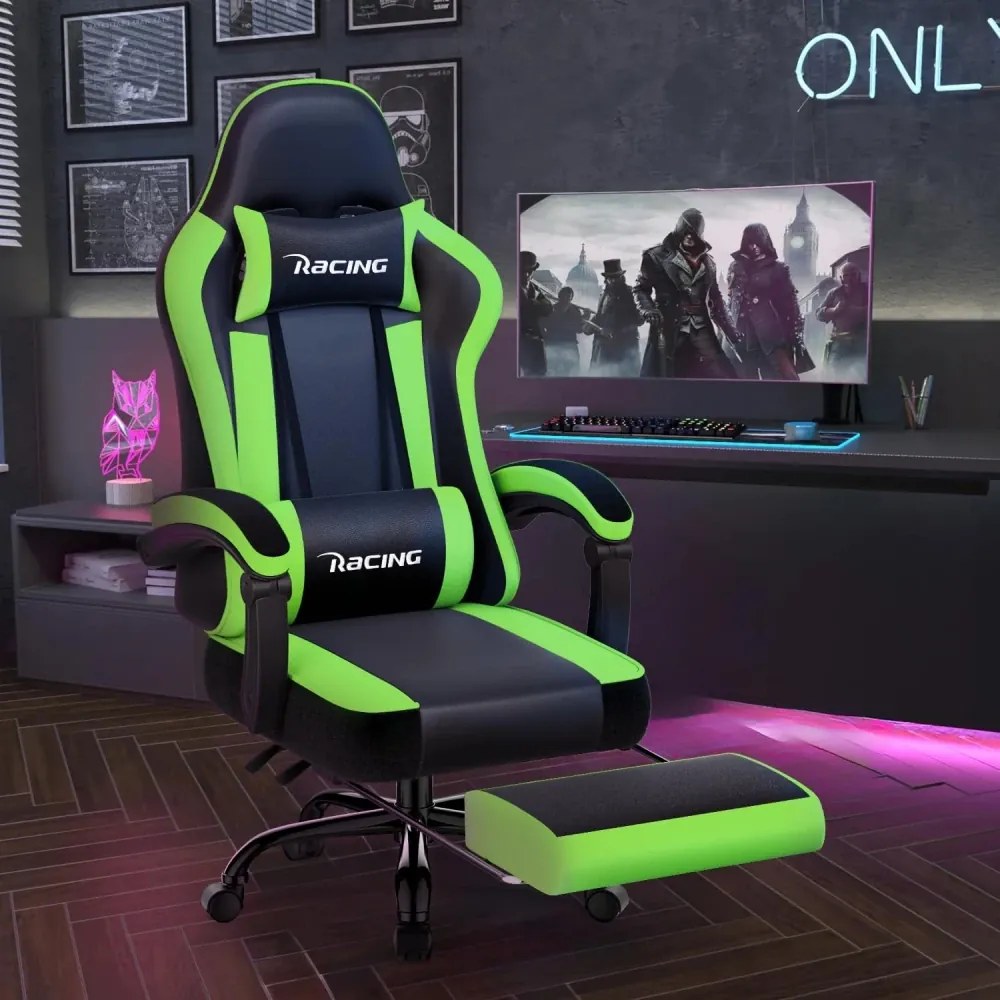 Scaun gaming, Masaj în perna lombară, Suport picioare, Rabatabil 90-165°, piele PU, Negru/Verde