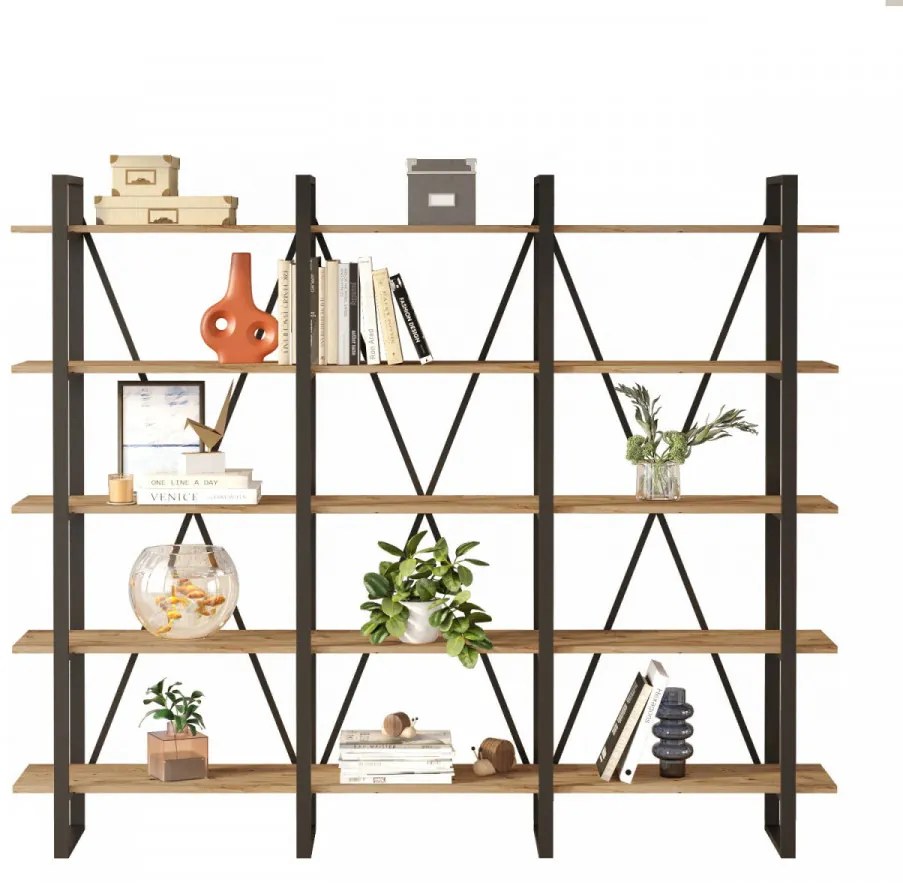 Biblioteca Living ML4 - A, PAL Melaminat / Metal, Pin Atlantic / Negru