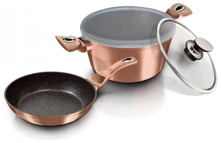 Set oala cu capac si tigaie (4 piese) din aluminiu forjat Rose Gold Collection Berlinger Haus BH 6200