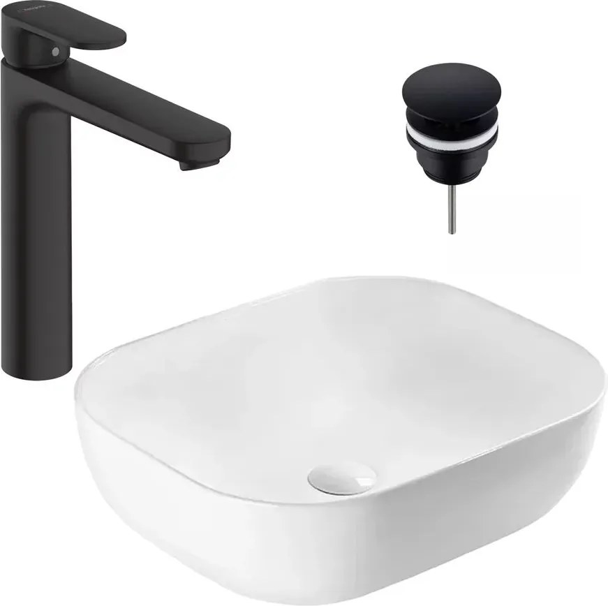 Pachet lavoar Rea Belinda alb si baterie lavoar Hansgrohe Vernis Blend negru si ventil lavoar Click-Clack D negru