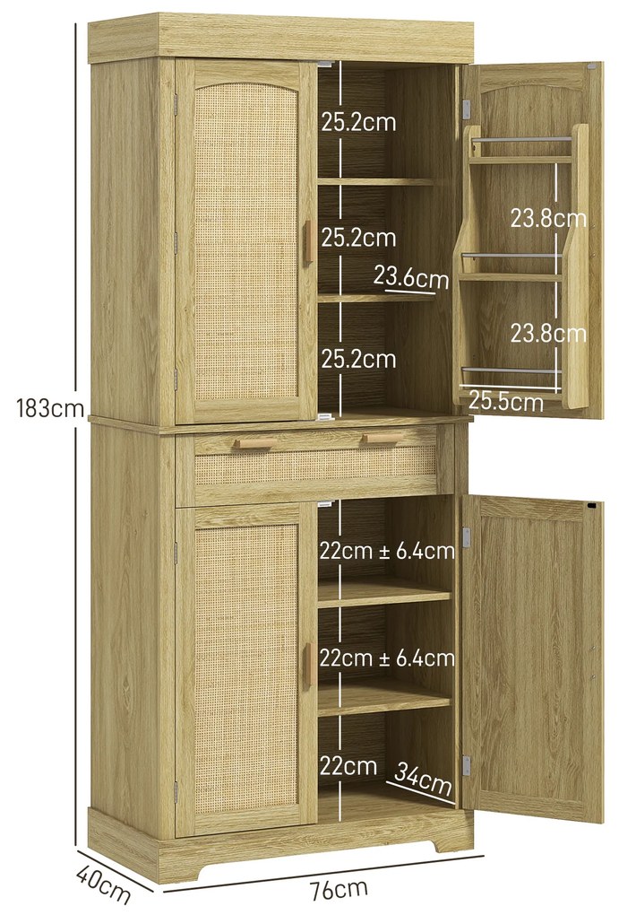 HOMCOM Dulap Bucătărie 76×40×183 cm cu 2 Uși și Sertar, Rafturi Condimente, Stejar | Aosom Romania