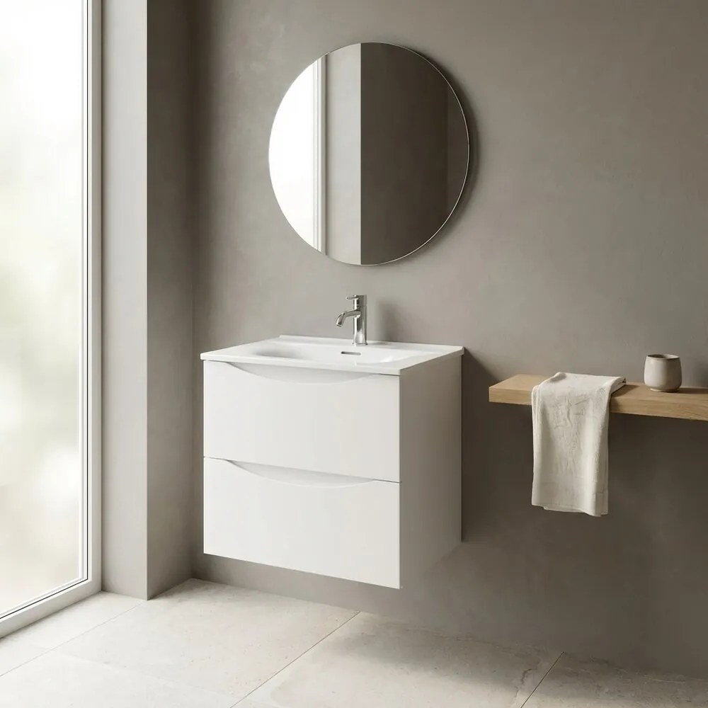 Set dulap baza suspendat Rune Asger 2 sertare 60 cm alb lucios si lavoar alb