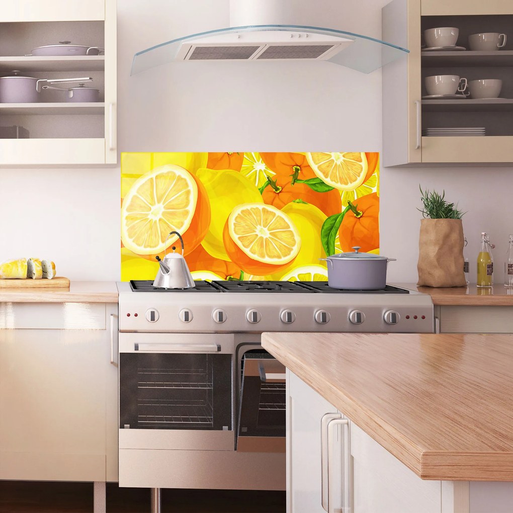 Panou Sticla Bucatarie, 60x150cm, Protectie aragaz, Antistropi, Termorezistent, Alimente, Fructe, Juicy Orange