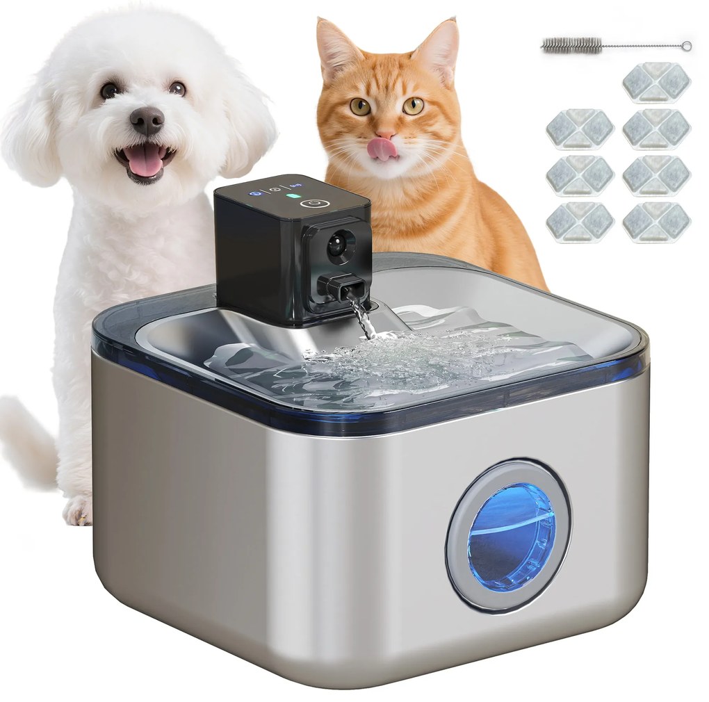 PawHut Fântână Automată pentru Pisici 4,2L din Oțel Inoxidabil, Silențioasă, Filtru 3 Etape, Încărcător USB, Argintiu | Aosom Romania