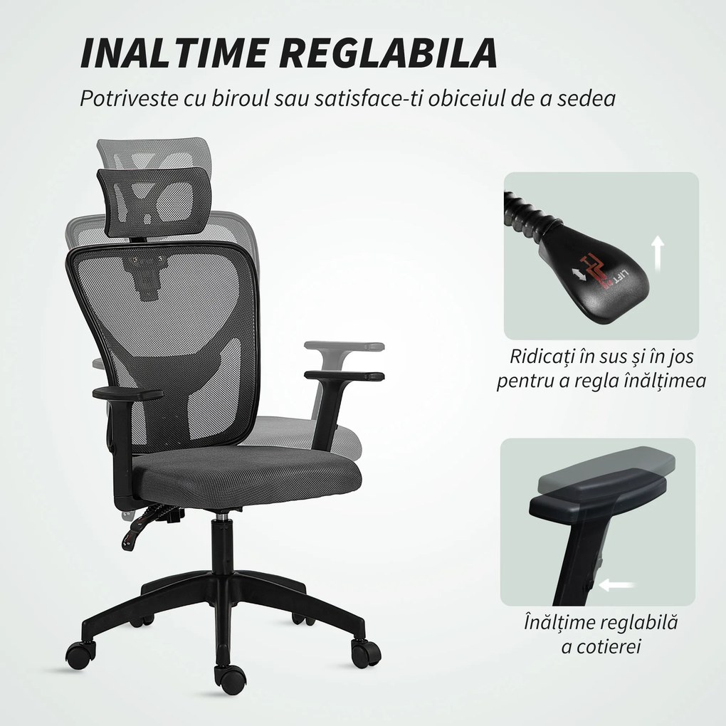 Vinsetto Scaun de Birou cu Inaltime Reglabila, 66x61x106-116cm, Gri Închis | Aosom Romania