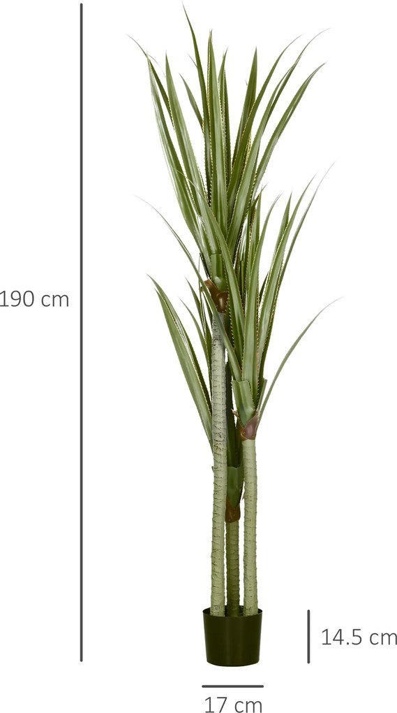 HOMCOM Yucca Artificială de 190 cm, Plantă Artificială cu 39 de Frunze pentru Decor Acasă, Birou, Grădină Ø17x190 cm Verde | Aosom Romania